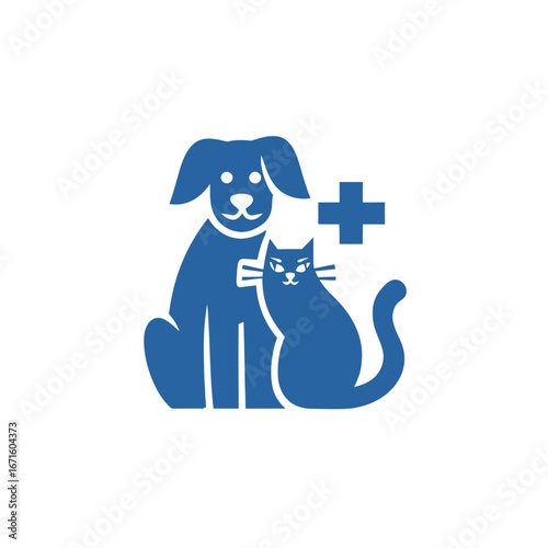A blue silhouette features a dog and a cat side by side, with a plus sign indicating a veterinary health theme. This representation emphasizes the importance of pet wellness.