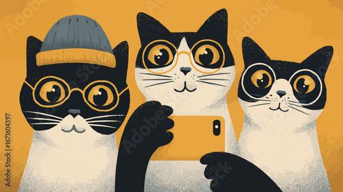 Three adorable cats are engaged in a playful activity, posing for a selfie. Two cats wear round glasses, while one sports a cozy beanie. The bright yellow background enhances the cheerful atmosphere.