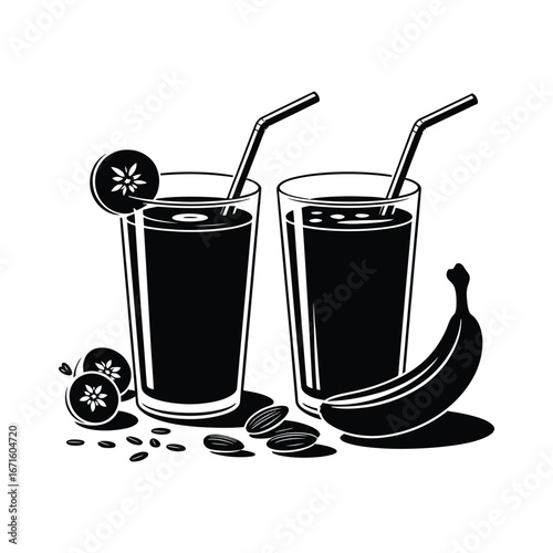 Two tall glasses of dark juice with straws and fruit garnishes and a banana
