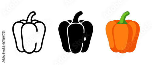 Set of pepper icons in outline, silhouette, and color styles