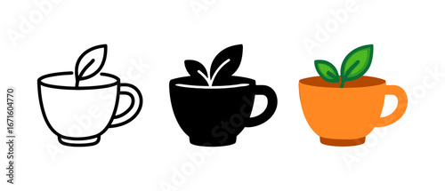 Three cups with leaves: minimalist, silhouette, and colorful designs
