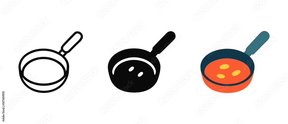 Versatile frying pan icons: outlined, silhouette, and colorful variants