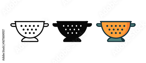 Set of colander icons in linear, silhouette, and colorful styles on white background