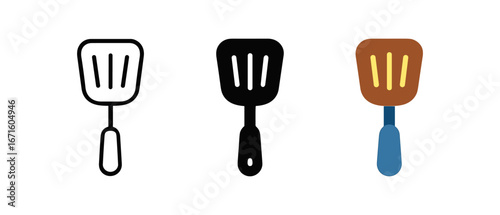 Cooking utensil trio in minimalist designs: outline, solid, and colorful spatulas