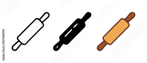 Rolling pin icons in flat, outline, and filled styles for culinary designs