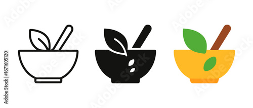 Herbal medicine icon set: line, solid, and colorful versions with mortar and pestle