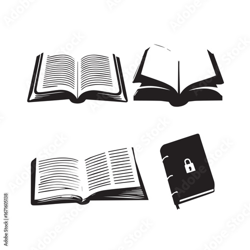 Vector art of compilation of open and closed book illustrations in black and white, including a locked book