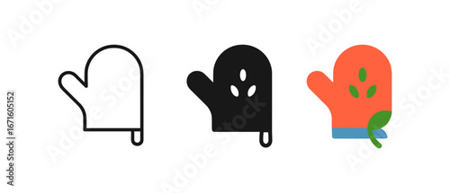 Set of kitchen oven mitt icons in outline, solid, and colorful styles