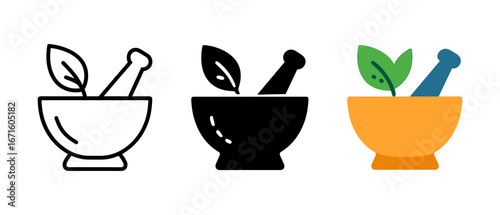 Herbal mortar and pestle icon set: line, solid, and colorful designs