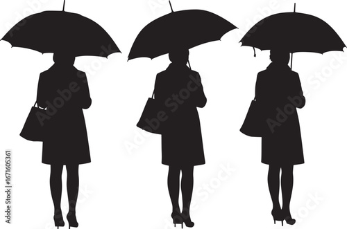 Three women in silhouette holding umbrellas and handbags