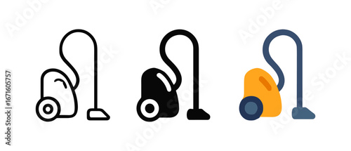 Three vacuum cleaner designs: minimalist, linear, and colorful variations