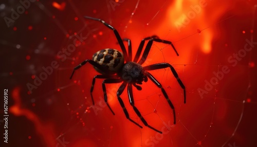 Mysterious Creepy Spider Crawling Across Glowing Magical Fiery Red Web