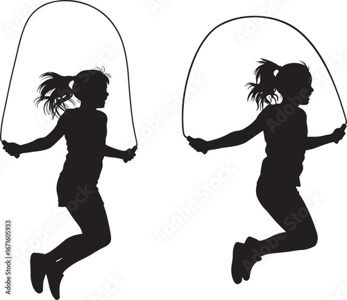 Two girls jumping rope in silhouette