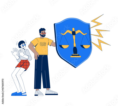 Legal protection 2D illustration concept. Protective law. Asian woman reacting in fear, black man defending with scale shield cartoon characters isolated on white. Flat abstract vector metaphor
