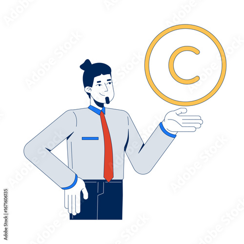 Copyright law 2D illustration concept. Intellectual property protection. Male lawyer advocate counseling about creative rights cartoon character isolated on white. Flat abstract vector metaphor