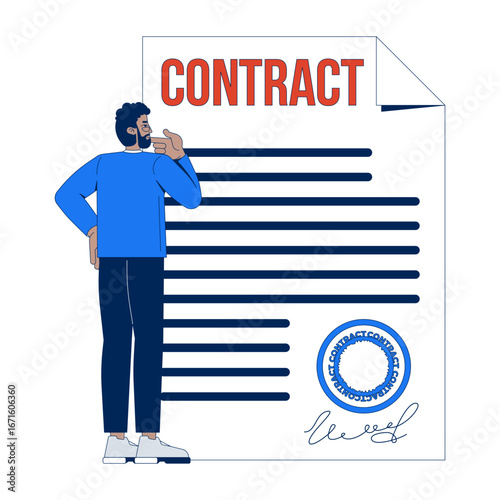 Contract legal document 2D illustration concept. Black business man corporate lawyer reviewing documentation with seal and signature cartoon character isolated on white. Flat abstract vector metaphor