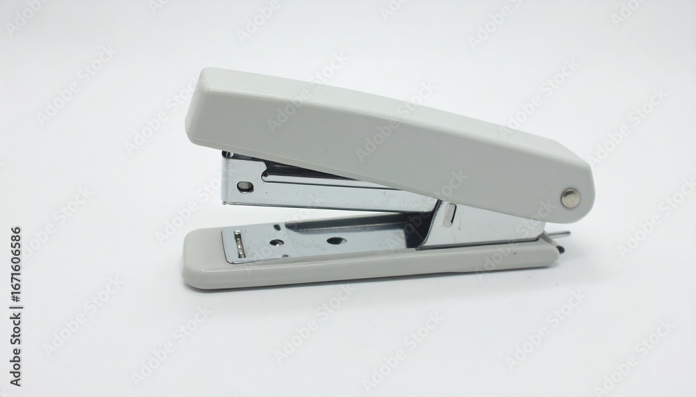 A light gray stapler sits angled on a plain white background. A light gray stapler sits angled on a plain white background.