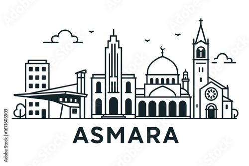 City skyline with iconic buildings and landmarks in Asmara