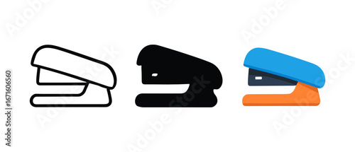 Minimalist stapler icon set in outline, silhouette, and colorful styles