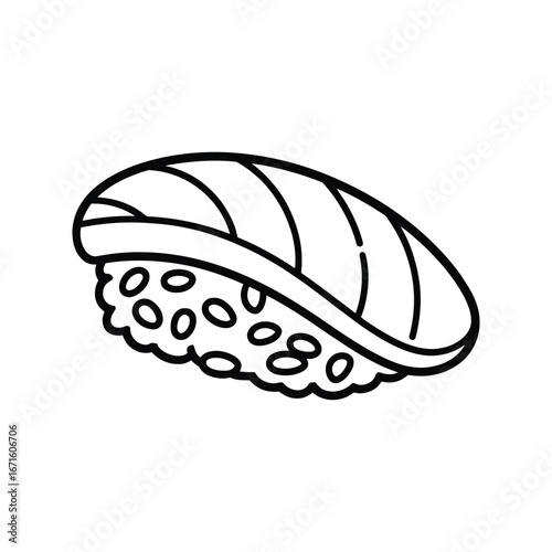 Simple black and white line drawing of a delicious sushi nigiri with salmon topping