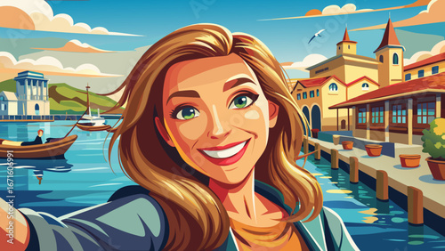 close up  portrait Smiling woman capturing a selfie on a waterfront promenade in Foca, embodying travel and leisure