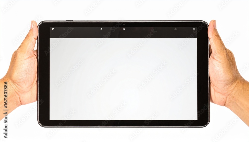 A black tablet computer, held in two hands, displays a blank white screen against a white background. A black tablet computer, held in two hands, displays a blank white screen against a white background.