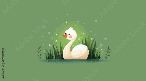 A delightful cartoon duck glides smoothly across a serene green pond while surrounded by lush grass and blooming flowers, evoking a sense of tranquility and natures charm.