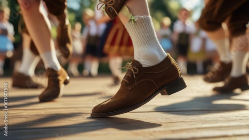 Close-up of Traditional Bavarian Lederhosen Dance with Sunlight and Shadows