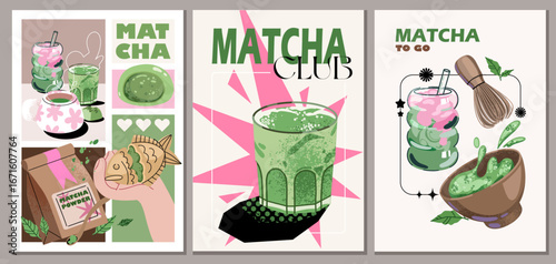 Matcha drinks poster design vector set. Cute wallpaper with matcha latte, purematcha, matcha desserts. Perfect for promotion, marketing, package, ads.