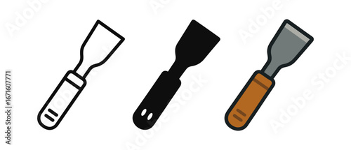 Set of three putty knife designs: outline, silhouette, and colorful icon