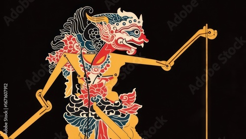 Vibrant Wayang Kulit Puppet Depicting a Mythical Creature with Intricate Red, Blue, and Yellow Design on Black Background