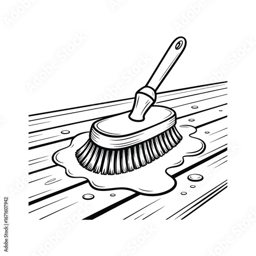 Hand drawn illustration of a scrub brush cleaning a wooden deck with suds and water