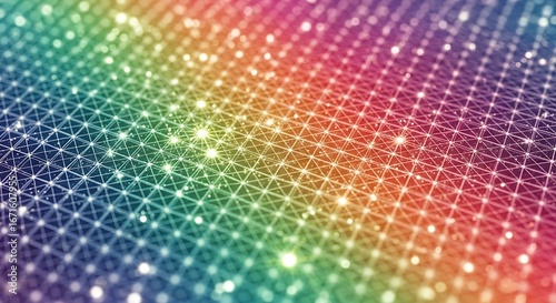Abstract Digital Network Background with Luminous Interconnected Dots and Lines in a Rainbow Gradient for Technology and Data Concepts