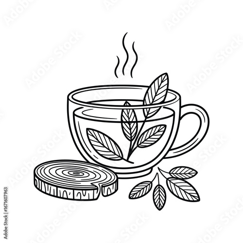Hand drawn sketch of a steaming cup of herbal tea with fresh leaves and wood slice