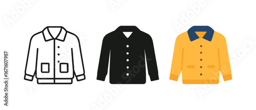 Diverse jacket styles in linear and flat design featuring collared fashion