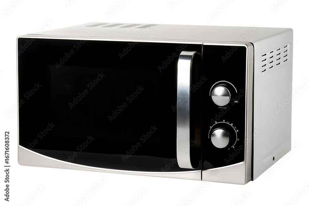 Obraz premium Sleek silver and microwave oven with chrome handle isolated on a transparent background