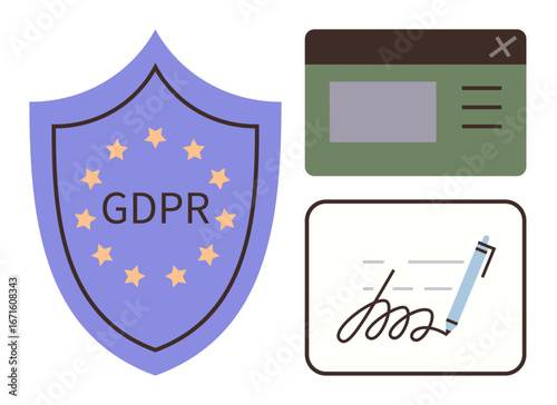 GDPR shield with stars, digital consent form, and pen signing a document. Ideal for data protection, consent, privacy laws, cybersecurity, digital compliance, online safety simple flat metaphor