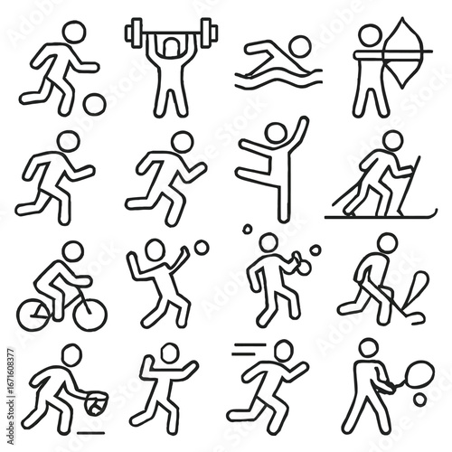 Simple Line Art Collection Sport Activity Silhouette People Exercise Icon Set
