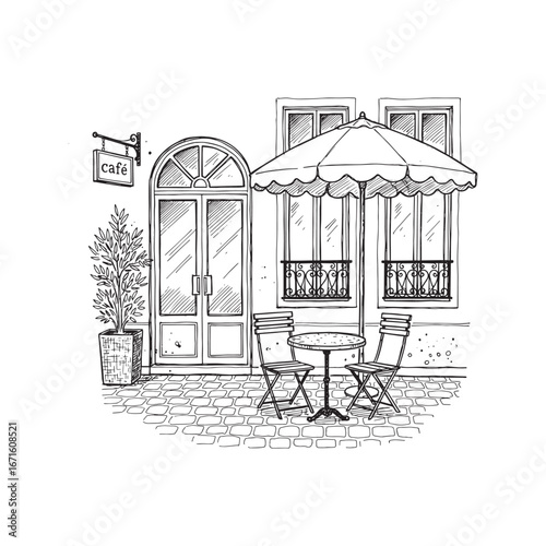 Hand-drawn sketch of a romantic European street cafe with an outdoor table, chairs, and umbrella.
