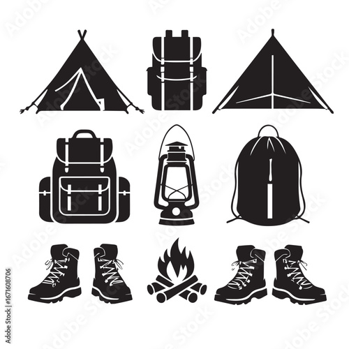 Vector art of set of camping and hiking equipment icons including tents, backpacks, lantern, campfire, and boots