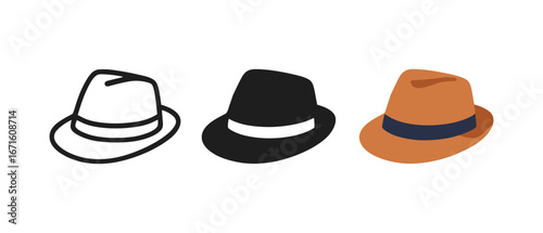 Three stylish hats: outline, solid, and colored fedora on white background