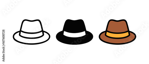 Set of three fedora hats in flat style — white, black, and brown variations