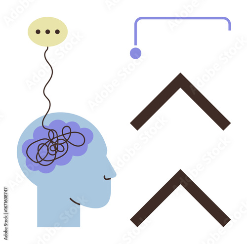 Human profile with tangled lines in brain, speech bubble, and arrows show thinking, communication, and direction. Ideal for creativity, psychology, choices, problem-solving strategies
