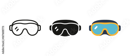 Three winter sports goggles depicted in linear, solid, and colored styles on white background