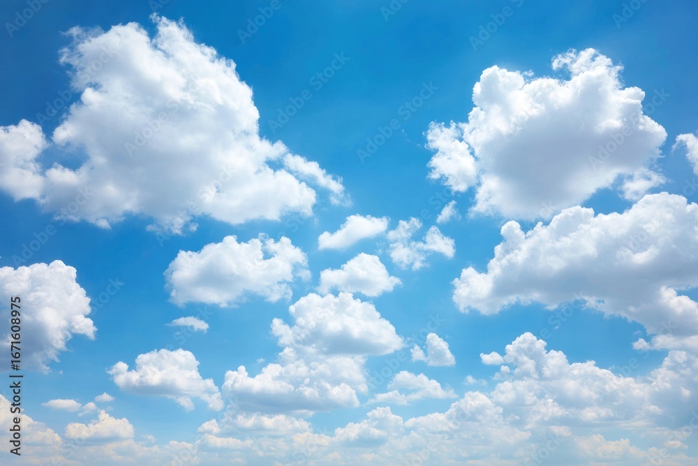 Obraz premium Azure sky dotted with puffy white clouds, ranging from small to large, creating a serene and airy atmosphere