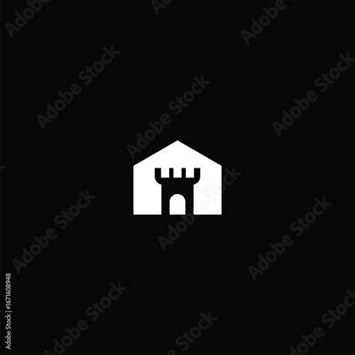 Minimalist vector logo design of a fortress tower integrated into a house silhouette. Represents protection, security, real estate, construction, or architecture services with a strong and reliable id