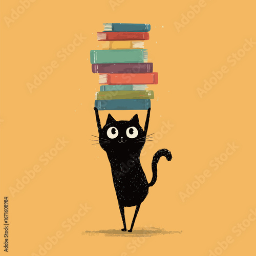 A cheerful black cat stands on its hind legs, lifting a stack of colorful books with a playful expression, set against a vibrant yellow backdrop.