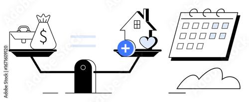 Scales balancing money and career with house and heart emphasize work-life balance. Adjacent calendar and cloud suggest organization. Ideal for finance, work-life balance, planning, time management