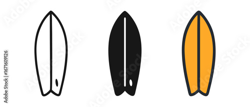Minimalist surfboard icons in monochrome and color variations