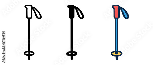 Set of ski poles in outline, solid, and colorful styles for winter sports and adventure design